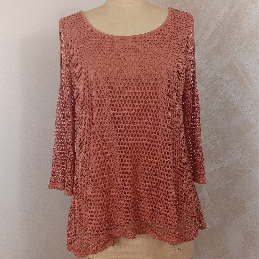 Casting Size Large Orange Long sleeve Top Mesh cold shoulder